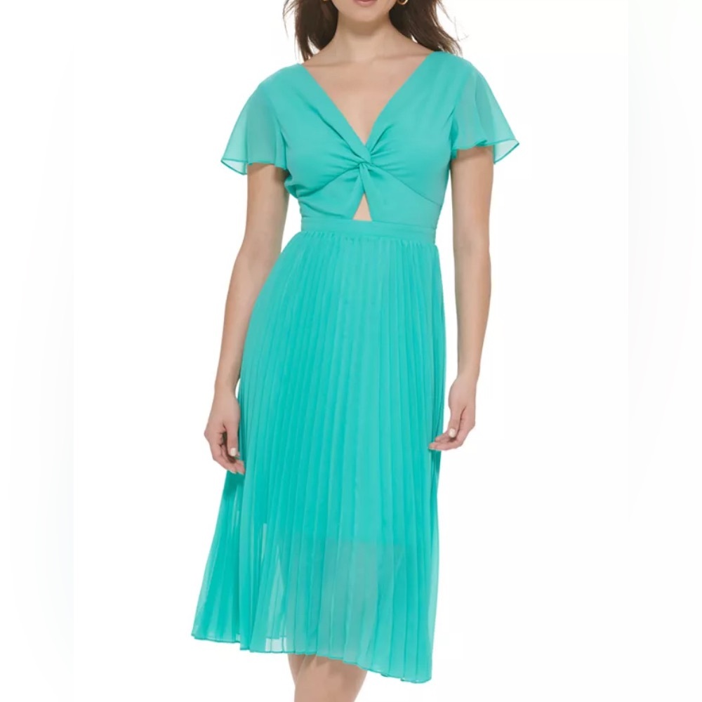 Kensie Aqua Teal Women's Keyhole Cutout Pleated Skirt Midi Dress Tea Length